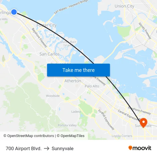 700 Airport Blvd. to Sunnyvale map