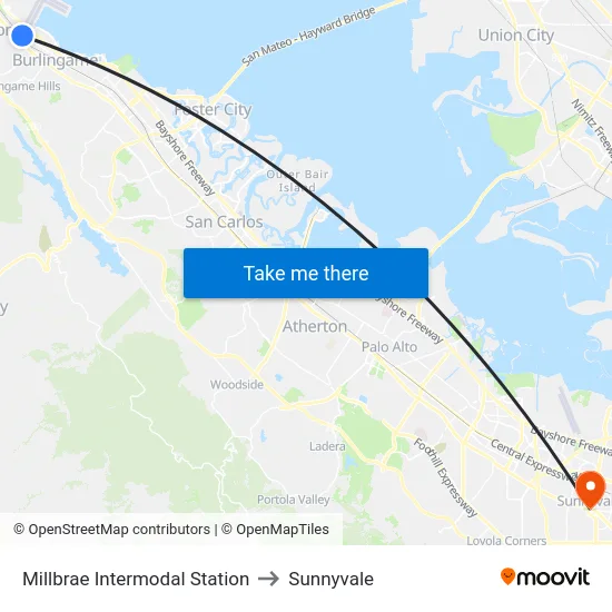 Millbrae Intermodal Station to Sunnyvale map