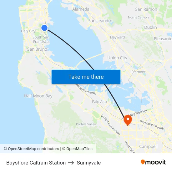Bayshore Caltrain Station to Sunnyvale map