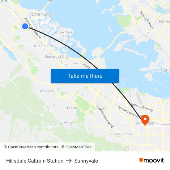 Hillsdale Caltrain Station to Sunnyvale map