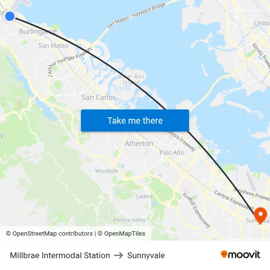 Millbrae Intermodal Station to Sunnyvale map
