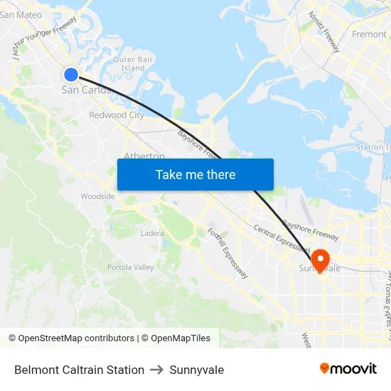 Belmont Caltrain Station to Sunnyvale map