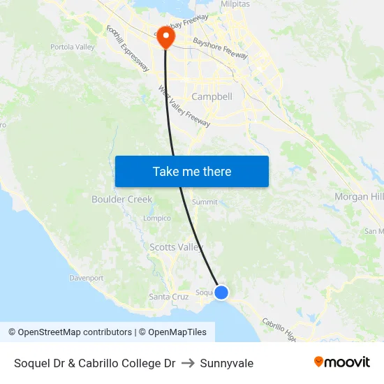 Soquel Dr & Cabrillo College Dr to Sunnyvale map