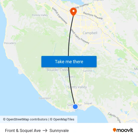 Front & Soquel Ave to Sunnyvale map