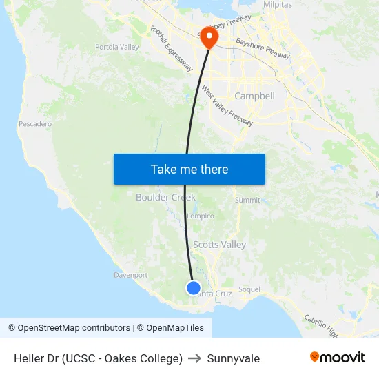 Heller Dr (UCSC - Oakes College) to Sunnyvale map