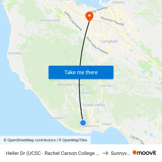 Heller Dr (UCSC - Rachel Carson College & Porter) to Sunnyvale map