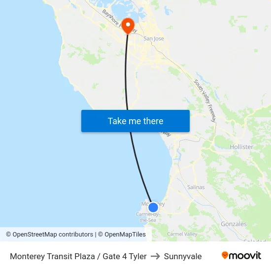 Monterey Transit Plaza / Gate 4 Tyler to Sunnyvale map
