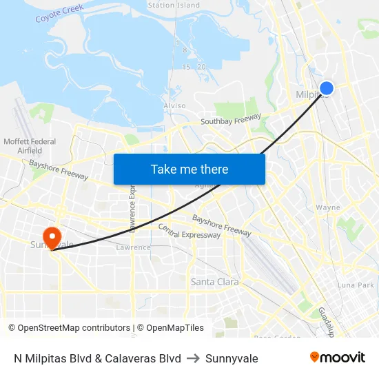 N Milpitas Blvd & Calaveras Blvd to Sunnyvale map
