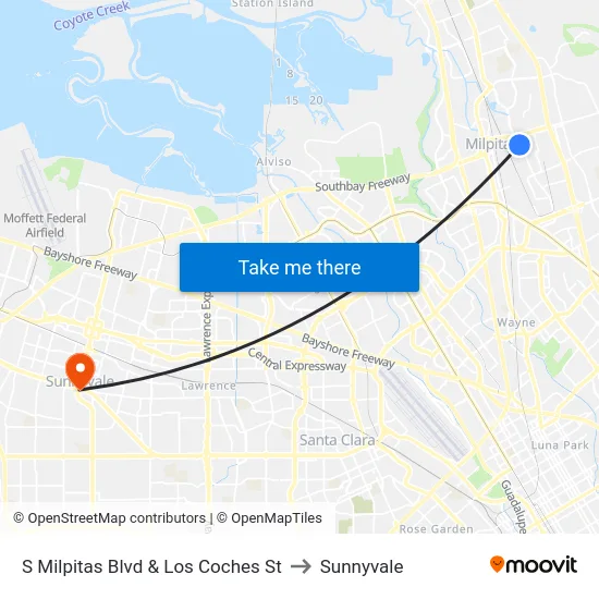 S Milpitas Blvd & Los Coches St to Sunnyvale map