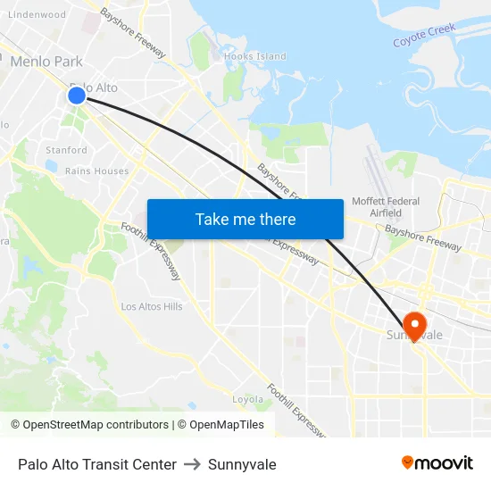 Palo Alto Transit Center to Sunnyvale map