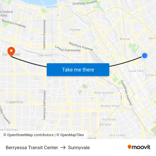 Berryessa Transit Center to Sunnyvale map