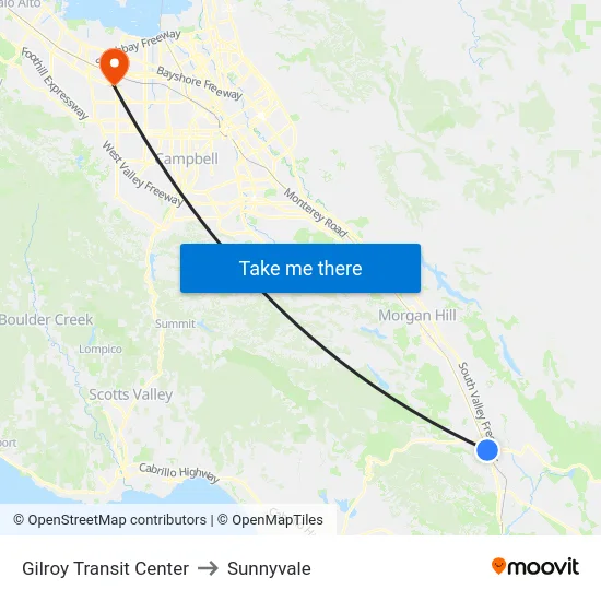 Gilroy Transit Center to Sunnyvale map