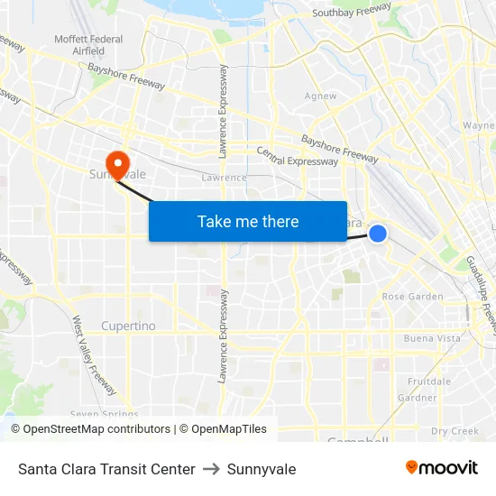 Santa Clara Transit Center to Sunnyvale map