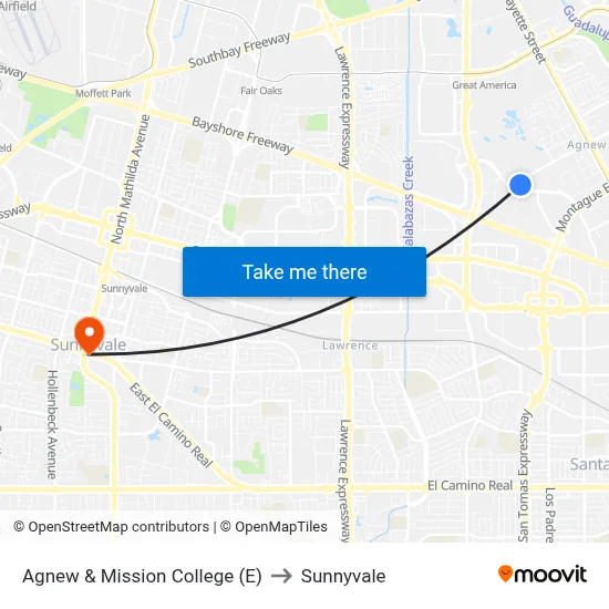 Agnew & Mission College (E) to Sunnyvale map