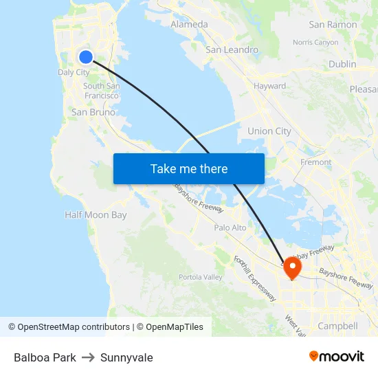 Balboa Park to Sunnyvale map