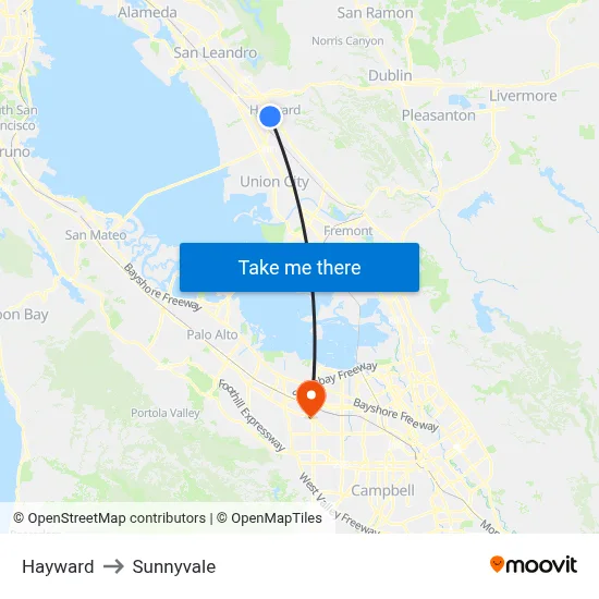 Hayward to Sunnyvale map