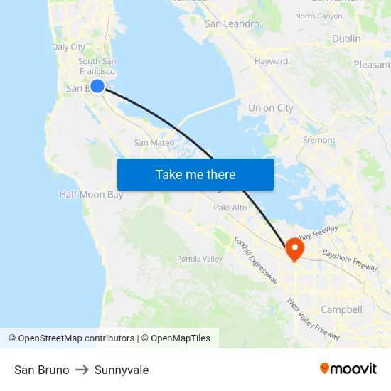 San Bruno to Sunnyvale map