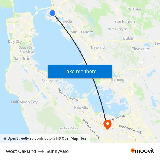 West Oakland to Sunnyvale map