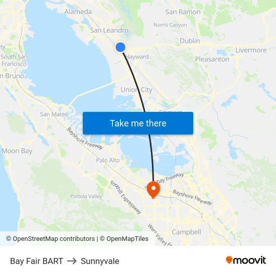 Bay Fair BART to Sunnyvale map