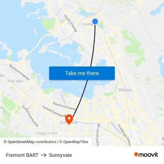 Fremont BART to Sunnyvale map