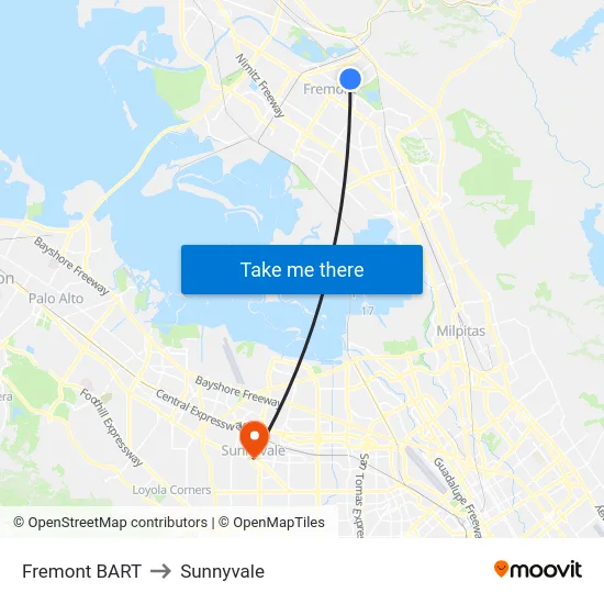 Fremont BART to Sunnyvale map