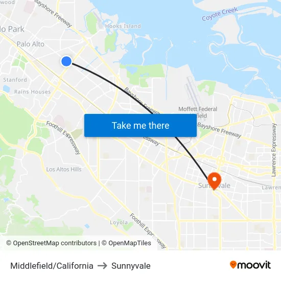 Middlefield/California to Sunnyvale map