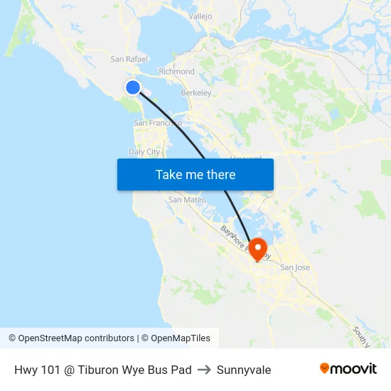 Hwy 101 @ Tiburon Wye Bus Pad to Sunnyvale map