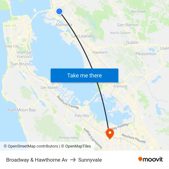 Broadway & Hawthorne Av to Sunnyvale map