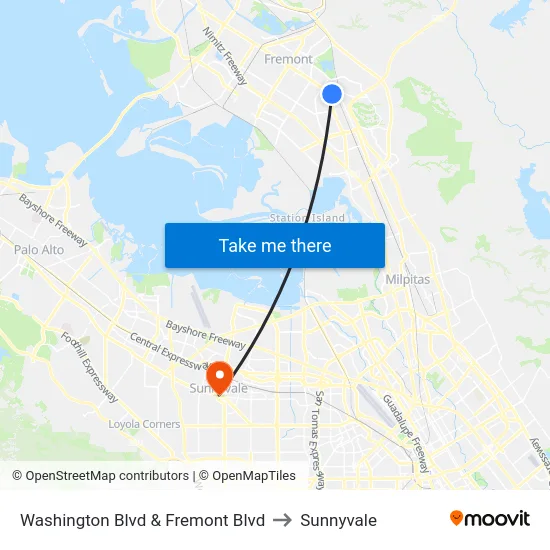 Washington Blvd & Fremont Blvd to Sunnyvale map