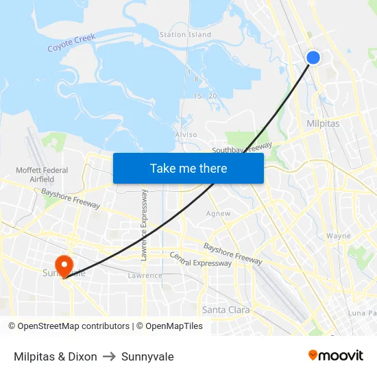Milpitas & Dixon to Sunnyvale map