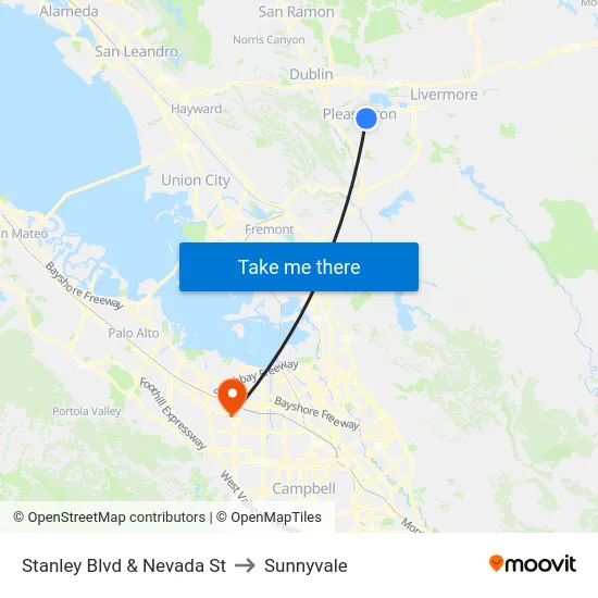 Stanley Blvd & Nevada St to Sunnyvale map