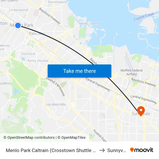 Menlo Park Caltrain (Crosstown Shuttle Stop) to Sunnyvale map