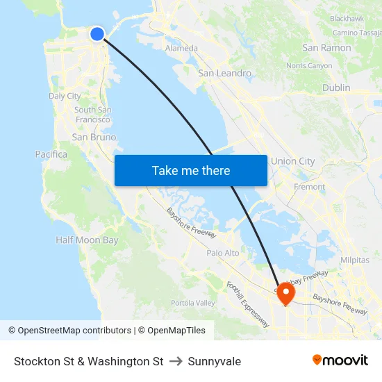 Stockton St & Washington St to Sunnyvale map