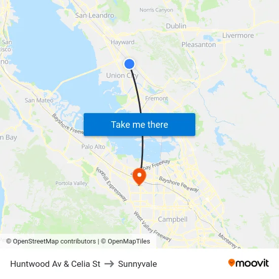 Huntwood Av & Celia St to Sunnyvale map