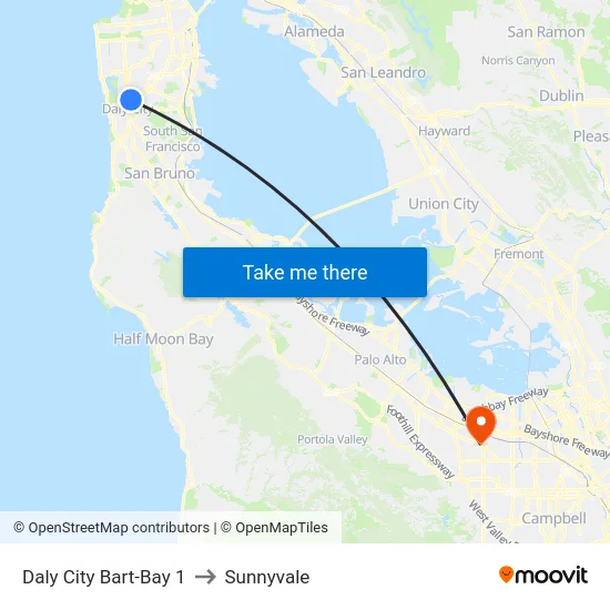 Daly City Bart-Bay 1 to Sunnyvale map
