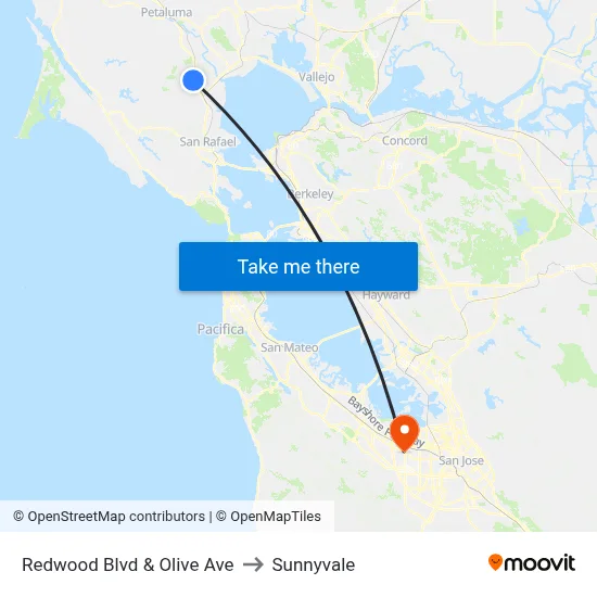 Redwood Blvd & Olive Ave to Sunnyvale map