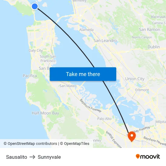 Sausalito to Sunnyvale map