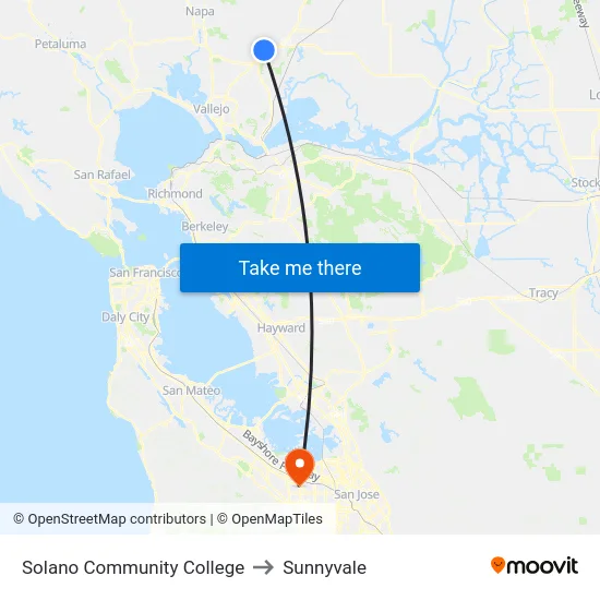 Solano Community College to Sunnyvale map