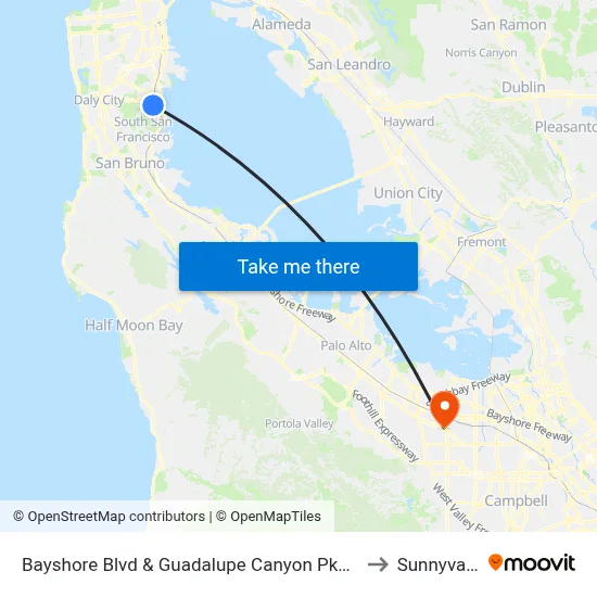 Bayshore Blvd & Guadalupe Canyon Pkwy to Sunnyvale map