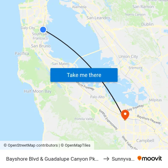 Bayshore Blvd & Guadalupe Canyon Pkwy to Sunnyvale map