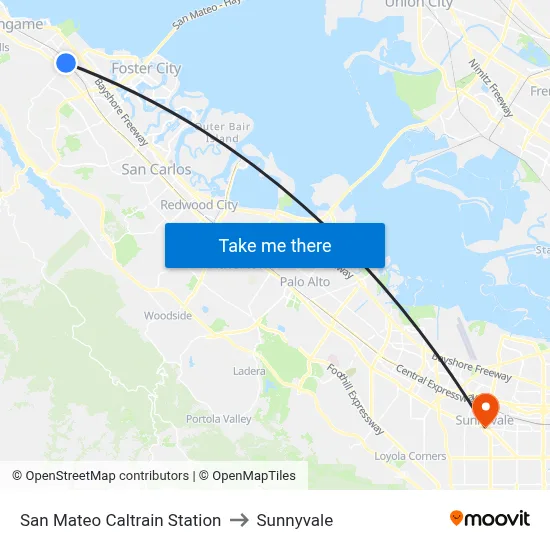San Mateo Caltrain Station to Sunnyvale map
