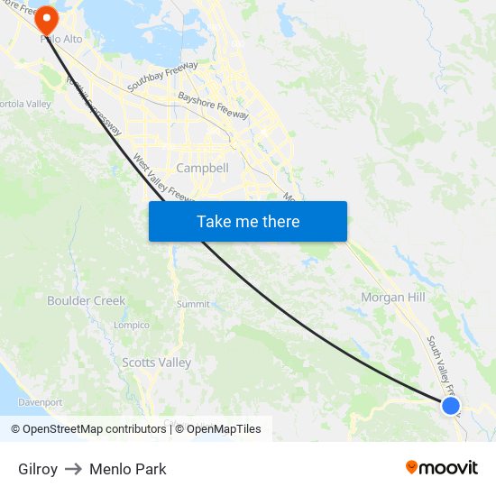 Gilroy to Menlo Park map
