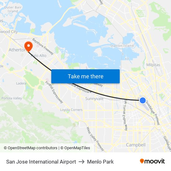 San Jose International Airport to Menlo Park map