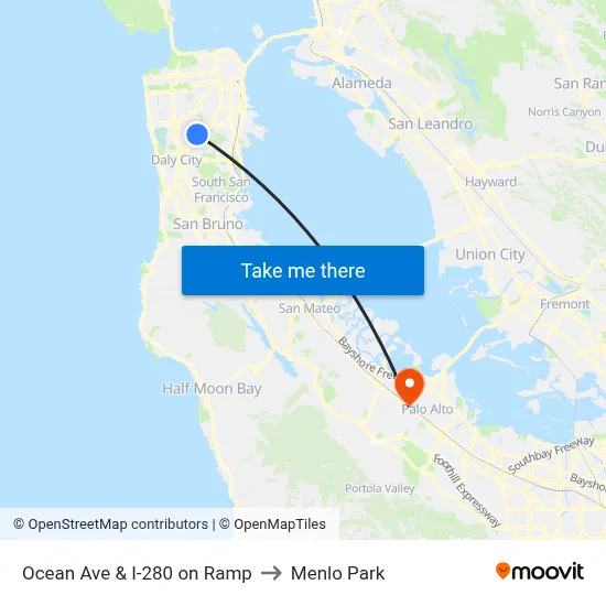 Ocean Ave & I-280 on Ramp to Menlo Park map