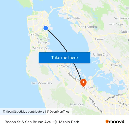 Bacon St & San Bruno Ave to Menlo Park map