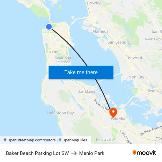 Baker Beach Parking Lot SW to Menlo Park map
