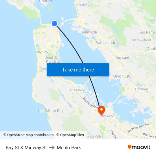 Bay St & Midway St to Menlo Park map