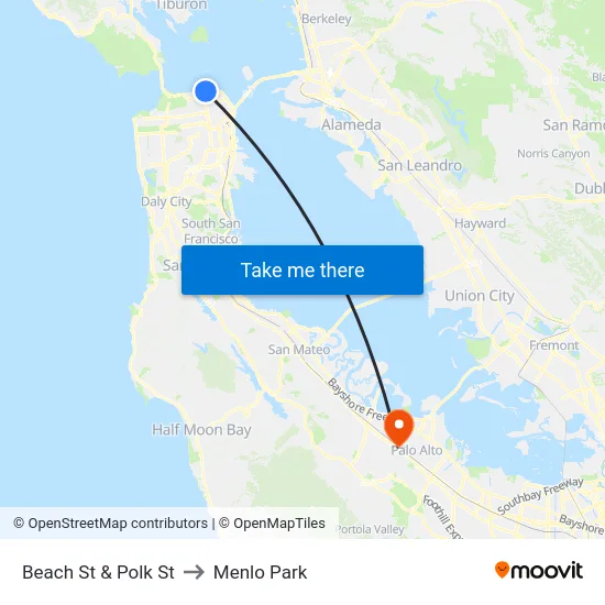 Beach St & Polk St to Menlo Park map
