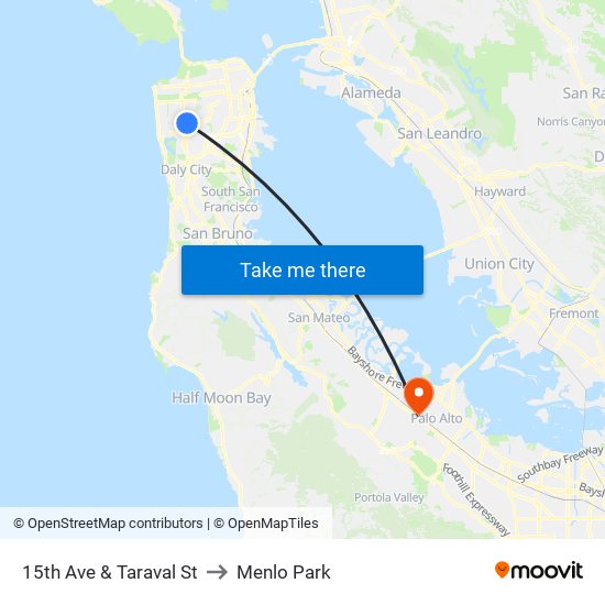 15th Ave & Taraval St to Menlo Park map