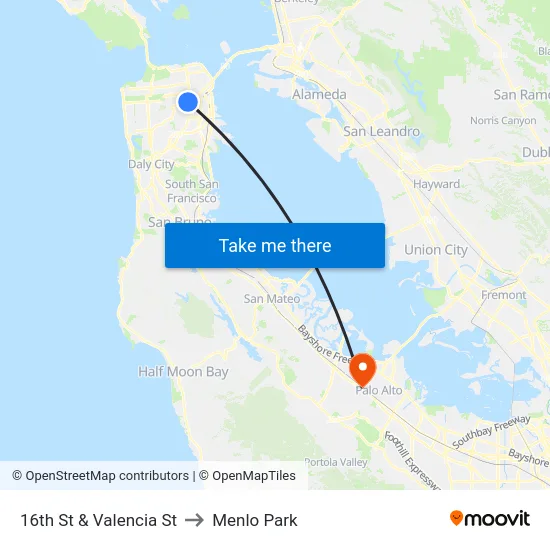 16th St & Valencia St to Menlo Park map